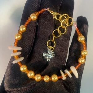 SUNNY SHORES — Handcrafted Gold & Orange Glass Bead Bracelet w/ Crab Beach Charm